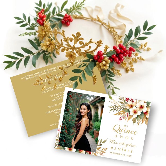 Invitación Mis XV Delicate Christmas Spanish Floral Photo  (Delicate ChristmasGold & Red Shades Floral Botanical Bouquets Photo Quinceañera Invitations Cards.)
