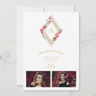 Invitación Mis XV Initial 2 Photos Gold effect Floral Diamond