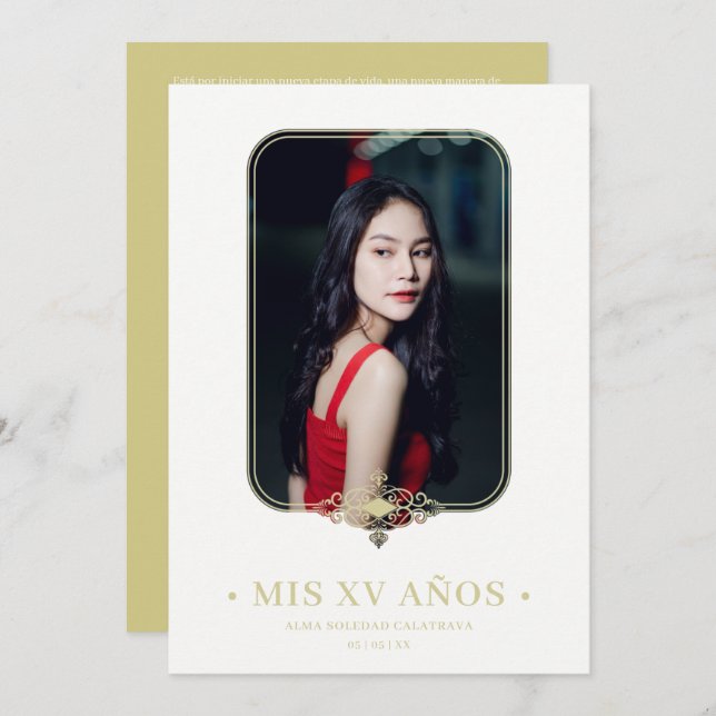 Invitación Mis XV Lace Florecen Efecto Dorado Foto Español (Anverso / Reverso)