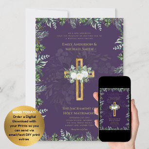 Invitación Misa Nupcial Católica Cruz Púrpura Boda