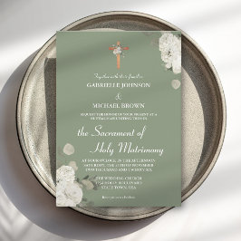 Invitación Misa Nupcial Católica Floral Verde de Salvia Suave