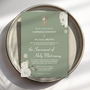 Invitación Misa Nupcial Católica Floral Verde de Salvia Suave