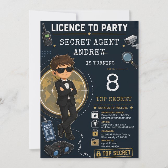 Invitación Misión de Espía Secreto de Cumpleaños Personalizad (Anverso)