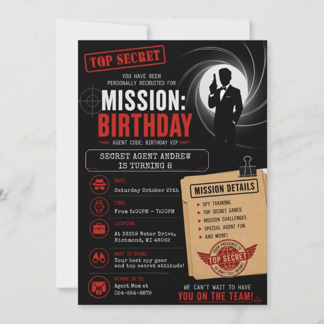 Invitación Misión de Espía Secreto Personal de Cumpleaños (Anverso)