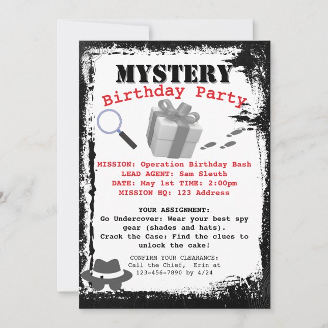 Invitación Misión de la fiesta de cumpleaños del detective de (Anverso)