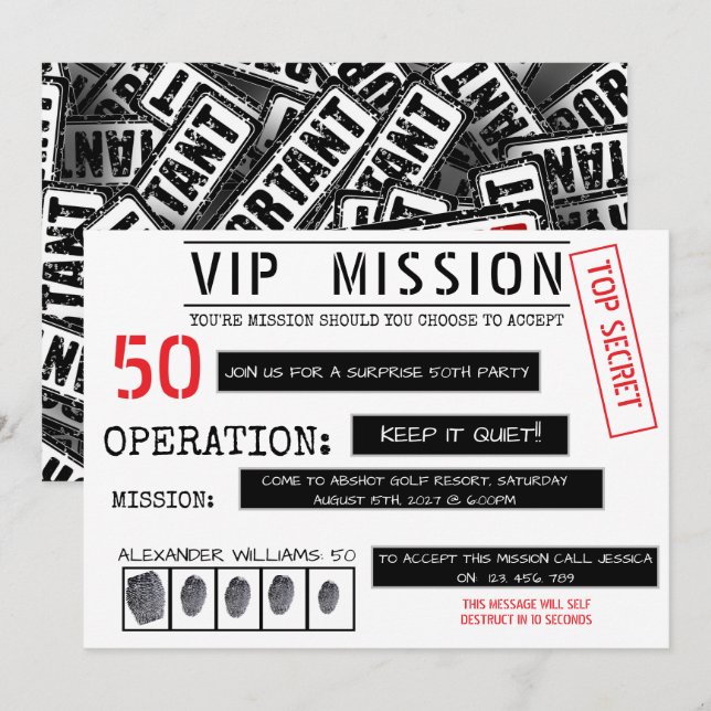 Invitación Misión VIP Sorpresa Cumpleaños 50 (Anverso / Reverso)