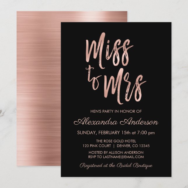 Invitación Miss a la Fiesta de la Sra. Pink Rose Gold Hen (Anverso / Reverso)