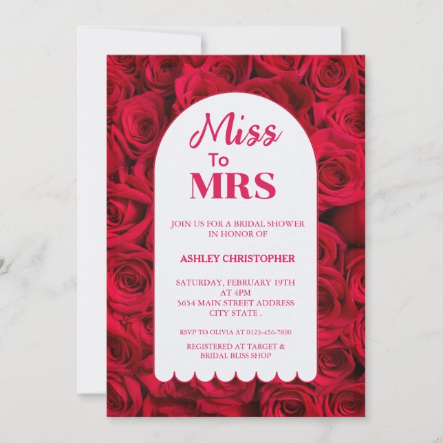 Invitación Miss a la señora Red Roses Arch Bridal Shower (Anverso)
