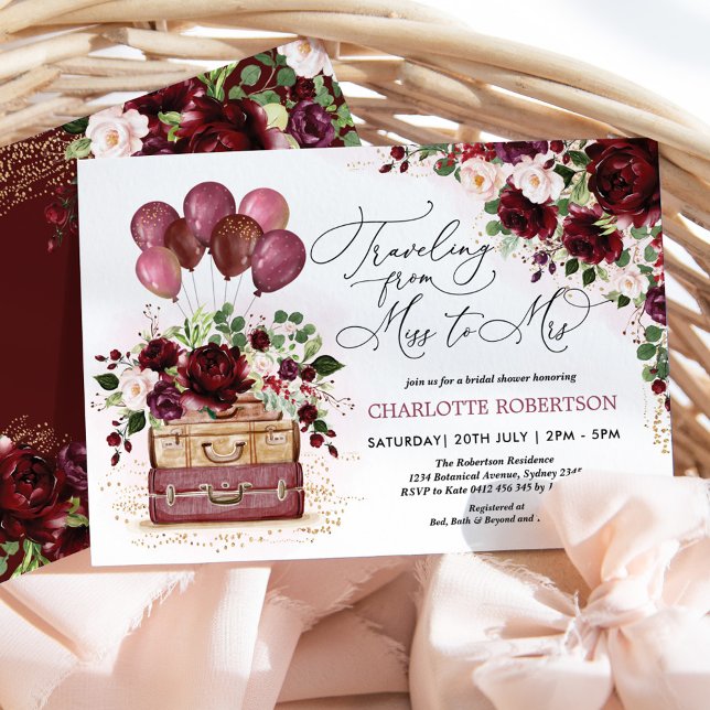 Invitación Miss a la Sra. Bridal Shower Burgundy Floral Globo (Subido por el creador)