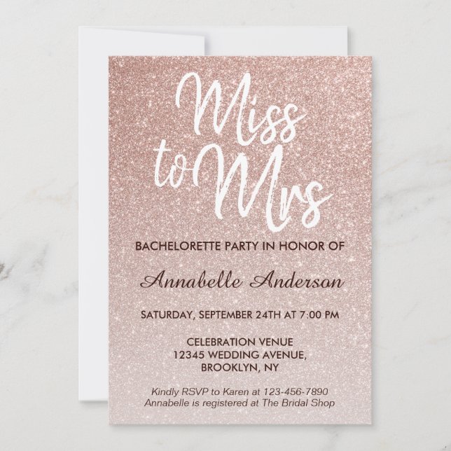 Invitación Miss a la Sra. Glam Pink Rose Gold Bachelorette (Anverso)