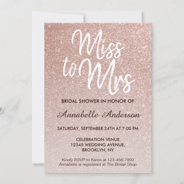 Invitación Miss a la Sra. Pink Rose Gold Purpurina Bridal Sho (Anverso)