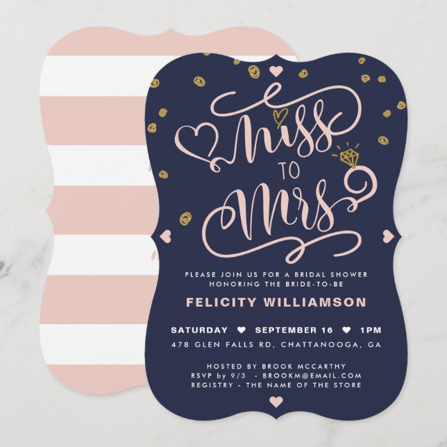 Invitación Miss A Sra. Pink Gold & Navy Stripe Bridal Shower (Anverso / Reverso)