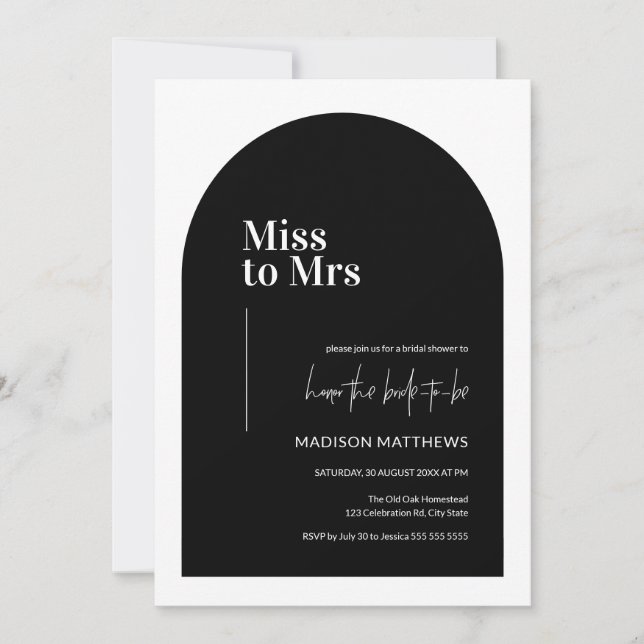 Invitación Miss Arco Mínimo Blanco y Negro Sra. Bridal Shower (Anverso)