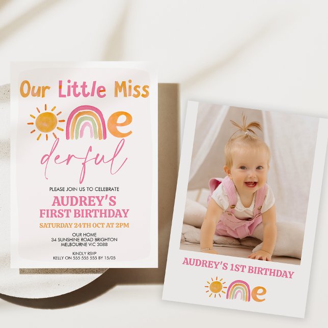 Invitación Miss Arcoiris Rosa Sun Maravilloso Primer Cumpleañ (Our little miss onederful 1st birthday invitation baby girl, Sun and rainbow, Miss onderfu invite)