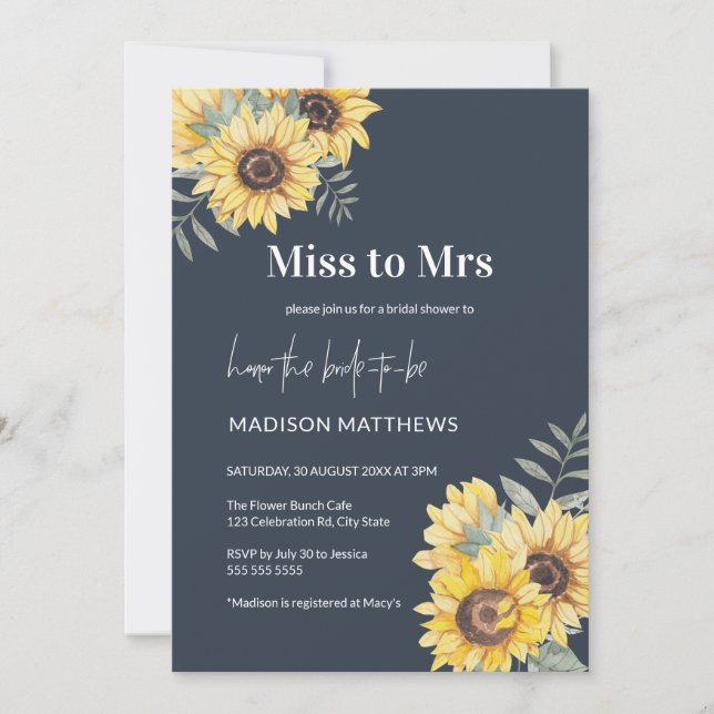 Invitación Miss Azul Marina a la señora Sunflower Bridal Show (Anverso)