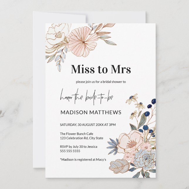 Invitación Miss azul rosa a invitat de ducha de novia floral (Anverso)