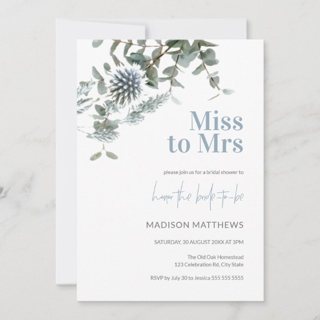 Invitación Miss botánica Blue Thistle a la señora Bridal Show (Anverso)