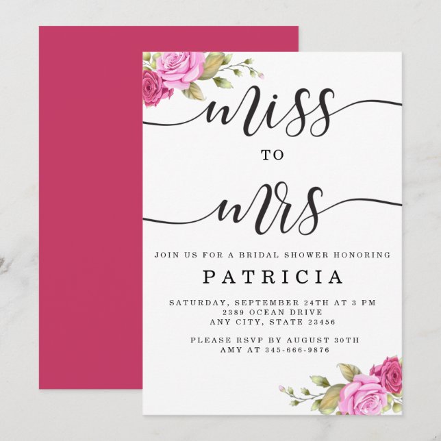 Invitación Miss floral rosa magenta a la señora ducha nupcial (Anverso / Reverso)