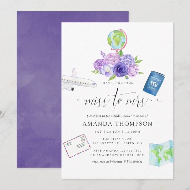 Invitación Miss Floral Ultra Violeta A La Sra. Bridal Shower (Anverso / Reverso)