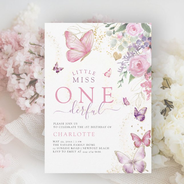 Invitación Miss Maravillosa Floral Primer cumpleaños (little miss onederful girls 1st birthday invite pink garden roses floral  butterflies watercolor)