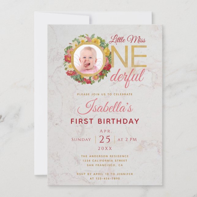 Invitación Miss Maravillosa Foto en primer cumpleaños de Wrea (Anverso)