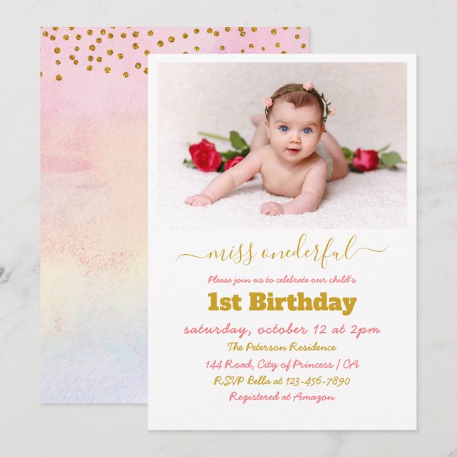 Invitación Miss Maravillosa Foto Simple Primer Cumpleaños (Anverso / Reverso)