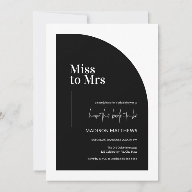 Invitación Miss Mínimo de Medio Arco a la Sra. Bridal Blanco  (Anverso)