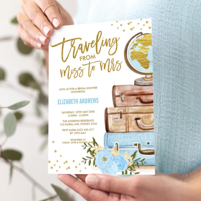 Invitación Miss moda viajando a la señora Blue Gold Bridal Sh (Subido por el creador)