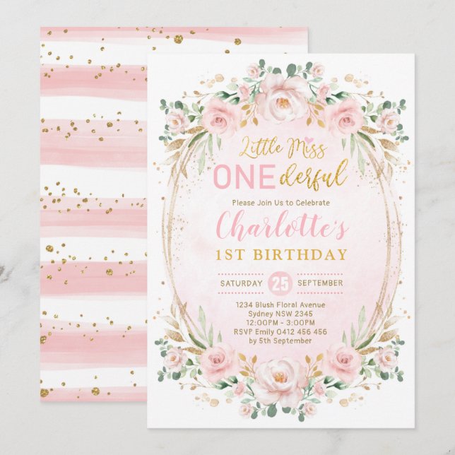Invitación Miss ONE Maravillosa Rubor Pink Gold Floral Primer (Anverso / Reverso)