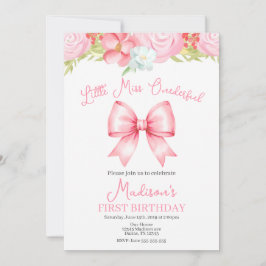 Invitación Miss Onederful Pink Bow First Birthday Invitation