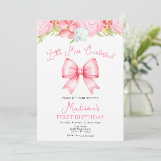 Invitación Miss Onederful Pink Bow First Birthday Invitation