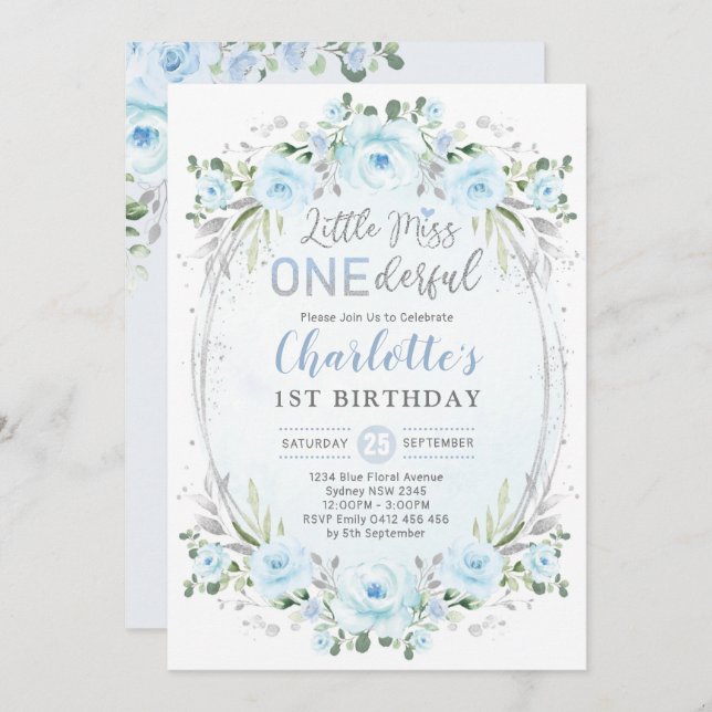 Invitación Miss ONEMaravillosa Bebé Blue Gold Floral Primer c (Anverso / Reverso)