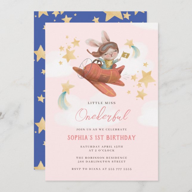 Invitación Miss Onemaravillosas Starry 1º cumpleaños (Anverso / Reverso)