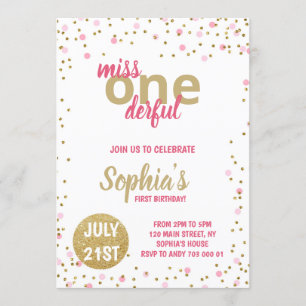 Invitación Miss Onemaravilloso Chica Primer Cumpleaños Confet