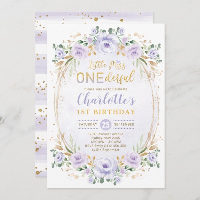 Invitación Miss ONEMaravilloso Purple Gold Floral Primer cump (Anverso / Reverso)