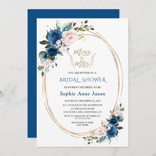 Invitación Miss Oro Floral Azul Rosa A La Ducha Bridal (Anverso / Reverso)