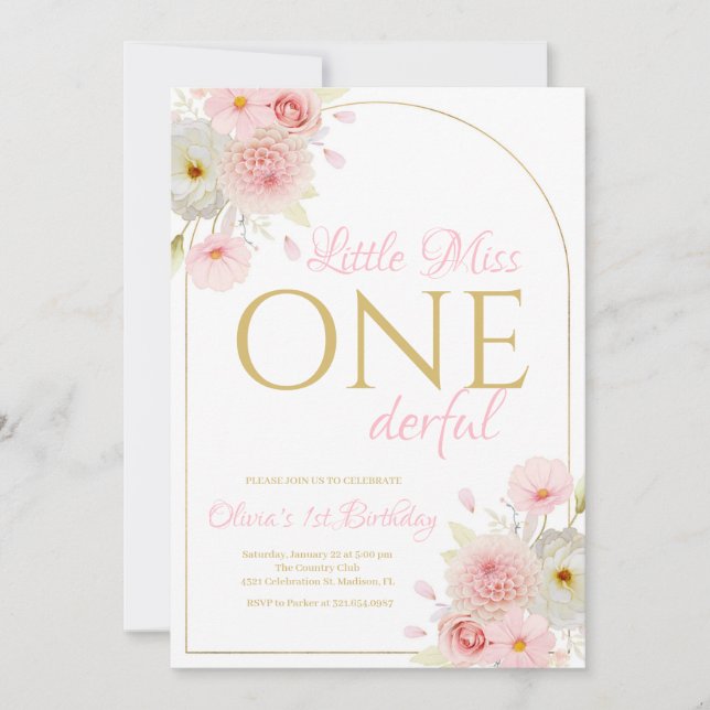 Invitación Miss Pequeña Floral Rosa de Rubor Maravillosa Cump (Anverso)