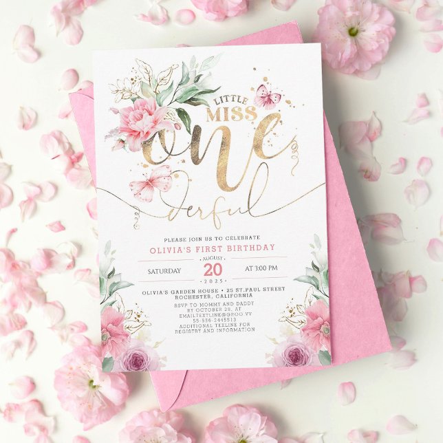 Invitación Miss Pequeña Una Maravillosa Floral Rosa Primer Cu (Subido por el creador)