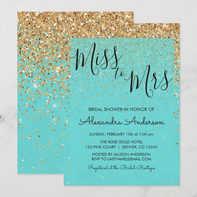 Invitación Miss Purpurina azul verde azulada a la señora Brid (Anverso / Reverso)