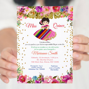 Invitación Miss Quinceañera mexicana rosa y dorada