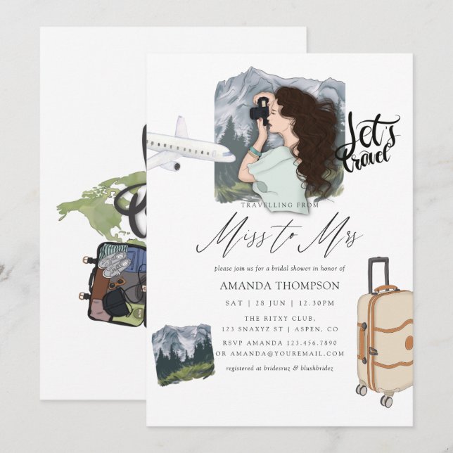Invitación Miss - Sra. Mountain Adventure Travel Bridal Showe (Anverso / Reverso)
