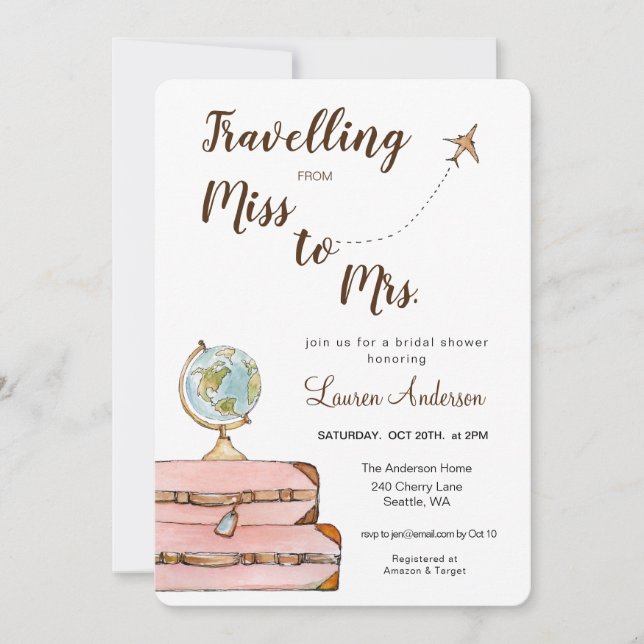 Invitación Miss tema de viajes a la señora Bridal Shower (Anverso)