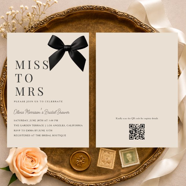 Invitación Miss to Mrs Black Bow QR Code Bridal Shower (Subido por el creador)