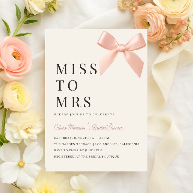 Invitación Miss to Mrs Blush Pink Bow Bridal Shower (Subido por el creador)