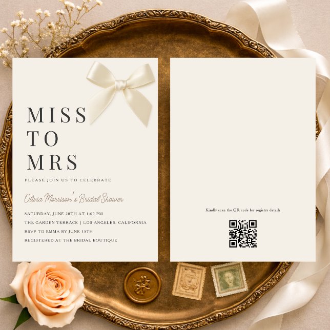 Invitación Miss to Mrs Coquette Bow QR Code Bridal Shower (Subido por el creador)