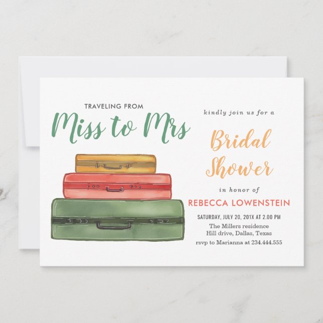 Invitación Miss To Mrs Travel Theme Bridal Shower| Maleta (Anverso)