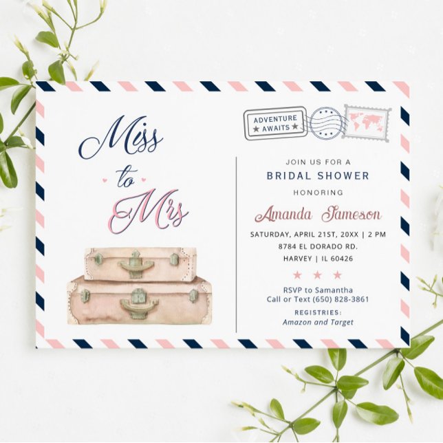 Invitación Miss To Mrs World Travel Bridal Shower Navy Pink (Subido por el creador)