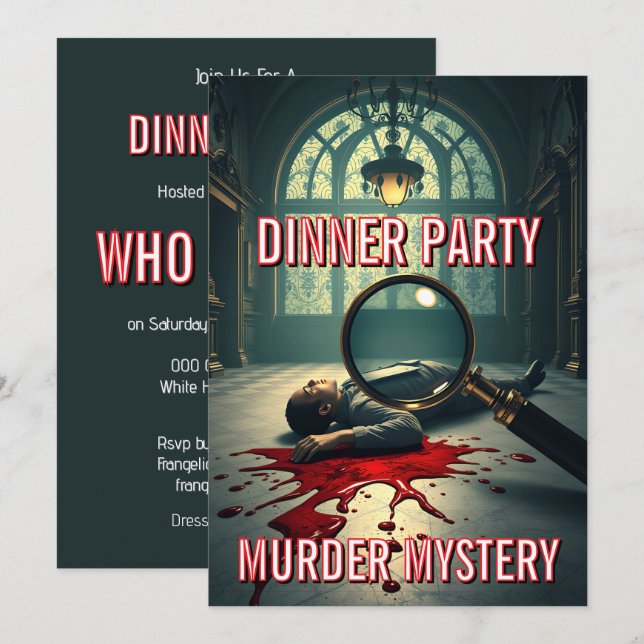 Invitación Misterio de asesinato cena fiesta tema DIY (Anverso / Reverso)