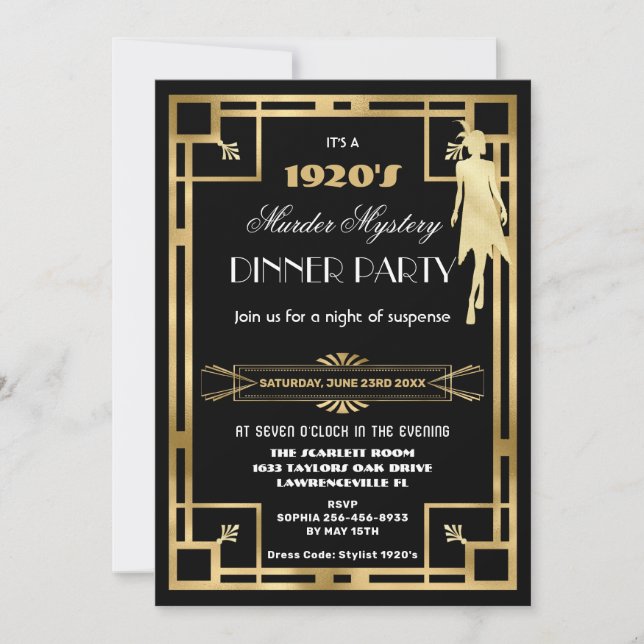 Invitación Misterio de asesinato de la fiesta del Roaring 20s (Anverso)