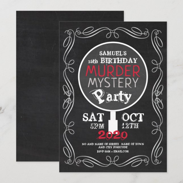 Invitación Misterio de Asesinato, fiesta de cumpleaños de Cha (Anverso / Reverso)